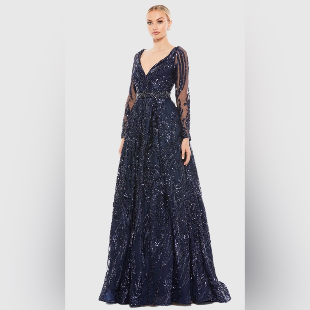 Long Sleeve Embellished Evening Gown Size 8 Color Midnight Blue